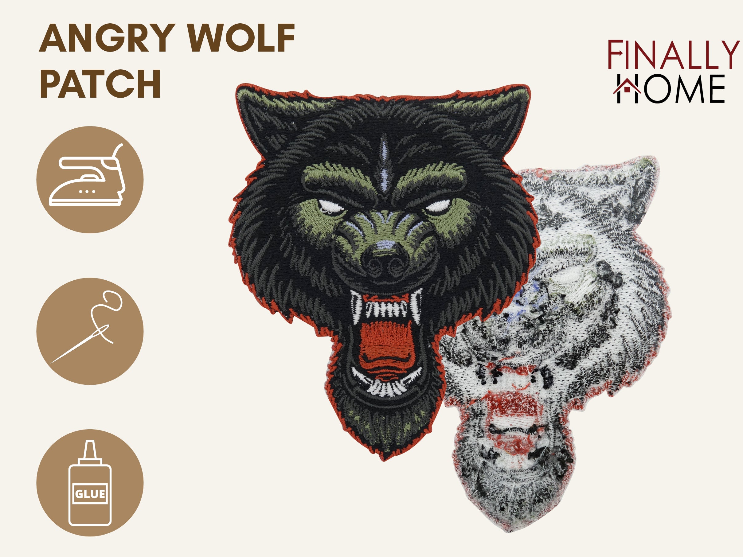 Lone Wolf Biker Patch von vorne & hinten, mit Bügelfolie. Logo: "Finally Home". Verwendung: Aufbügeln, Aufnähen, Aufkleben mit Textilkleber.