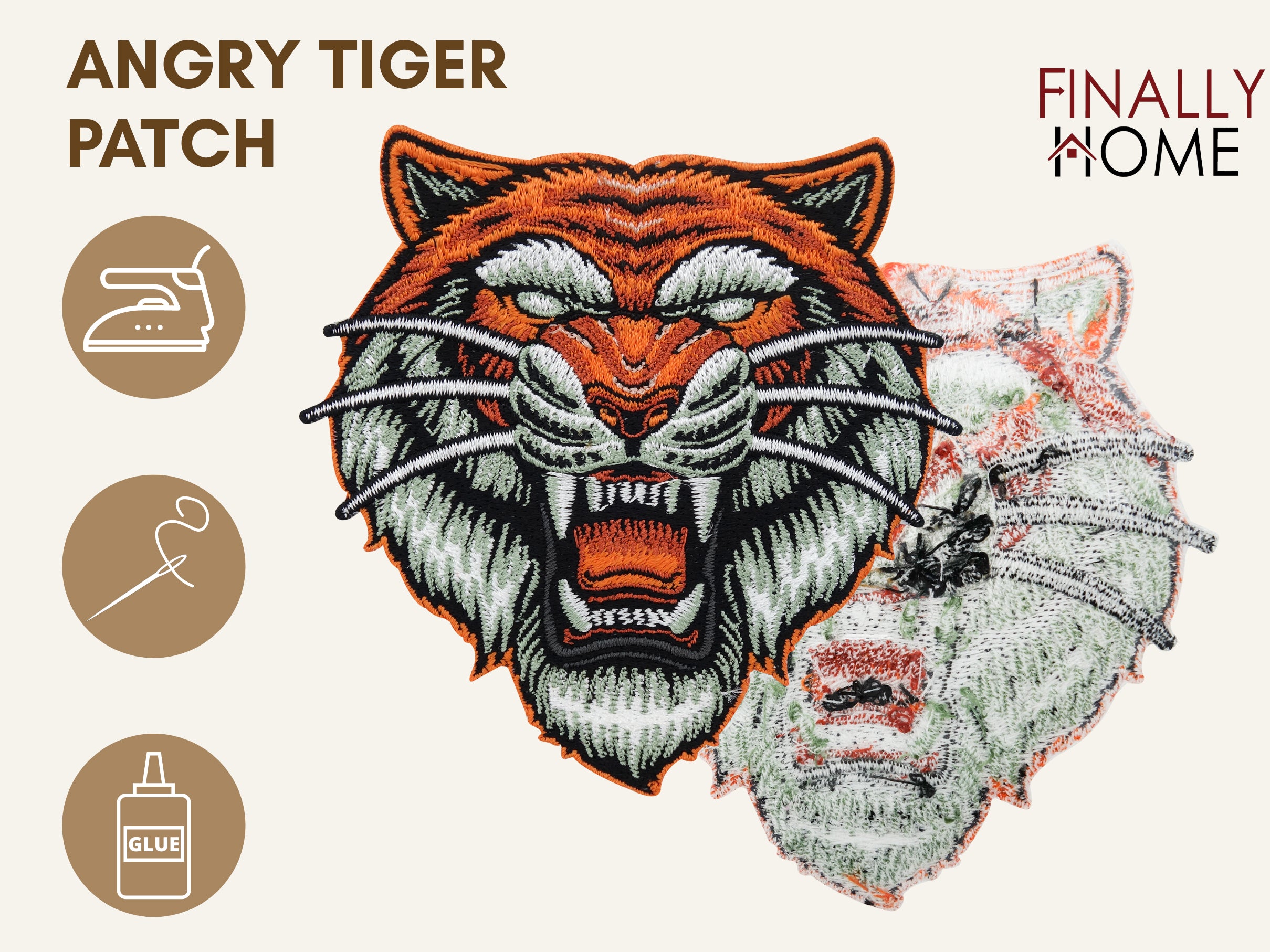 Tigerkopf Biker Patch von vorne & hinten, mit Bügelfolie. Logo: "Finally Home". Verwendung: Aufbügeln, Aufnähen, Aufkleben mit Textilkleber.