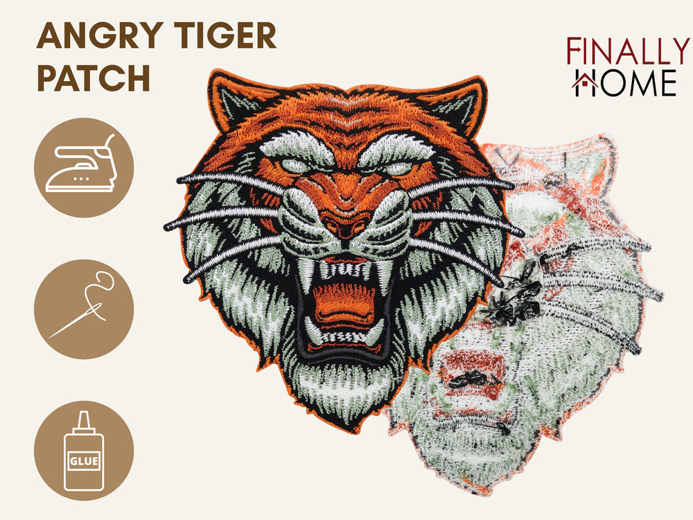 Tigerkopf Biker Patch von vorne & hinten, mit Bügelfolie. Logo: "Finally Home". Verwendung: Aufbügeln, Aufnähen, Aufkleben mit Textilkleber.