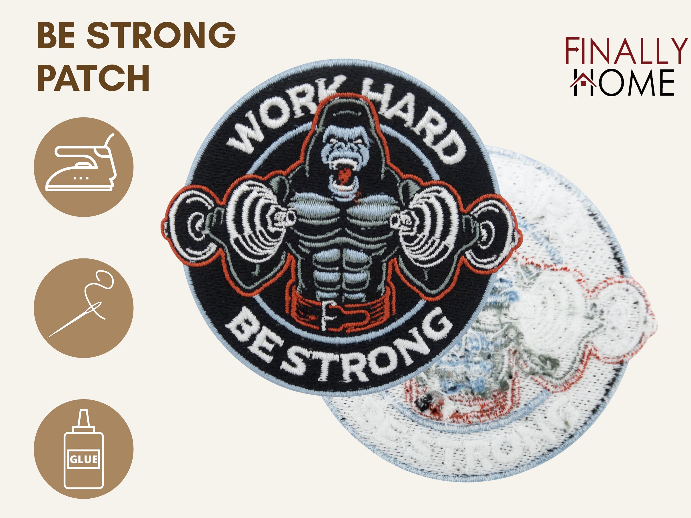 Vorder- und Rückseite des Patches, mit Bügelfolie. „Finally Home“ Logo und Nutzungsoptionen: Aufbügeln, Aufnähen, Aufkleben mit Textilkleber