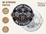 Vorder- und Rückseite des Patches, mit Bügelfolie. „Finally Home“ Logo und Nutzungsoptionen: Aufbügeln, Aufnähen, Aufkleben mit Textilkleber