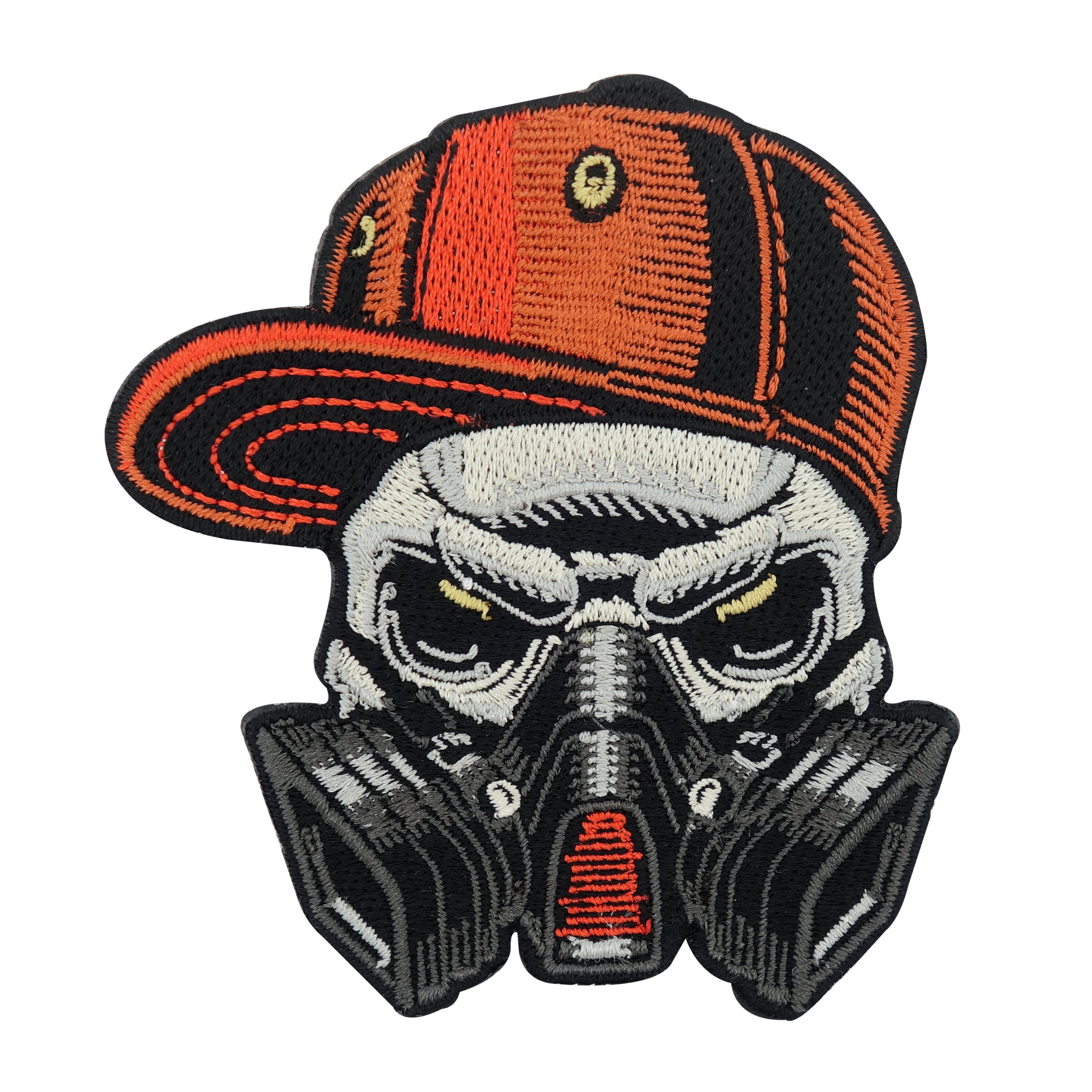 Weiß-orange-schwarzer Totenkopf Bügelpatch mit Cap & Spraymaske