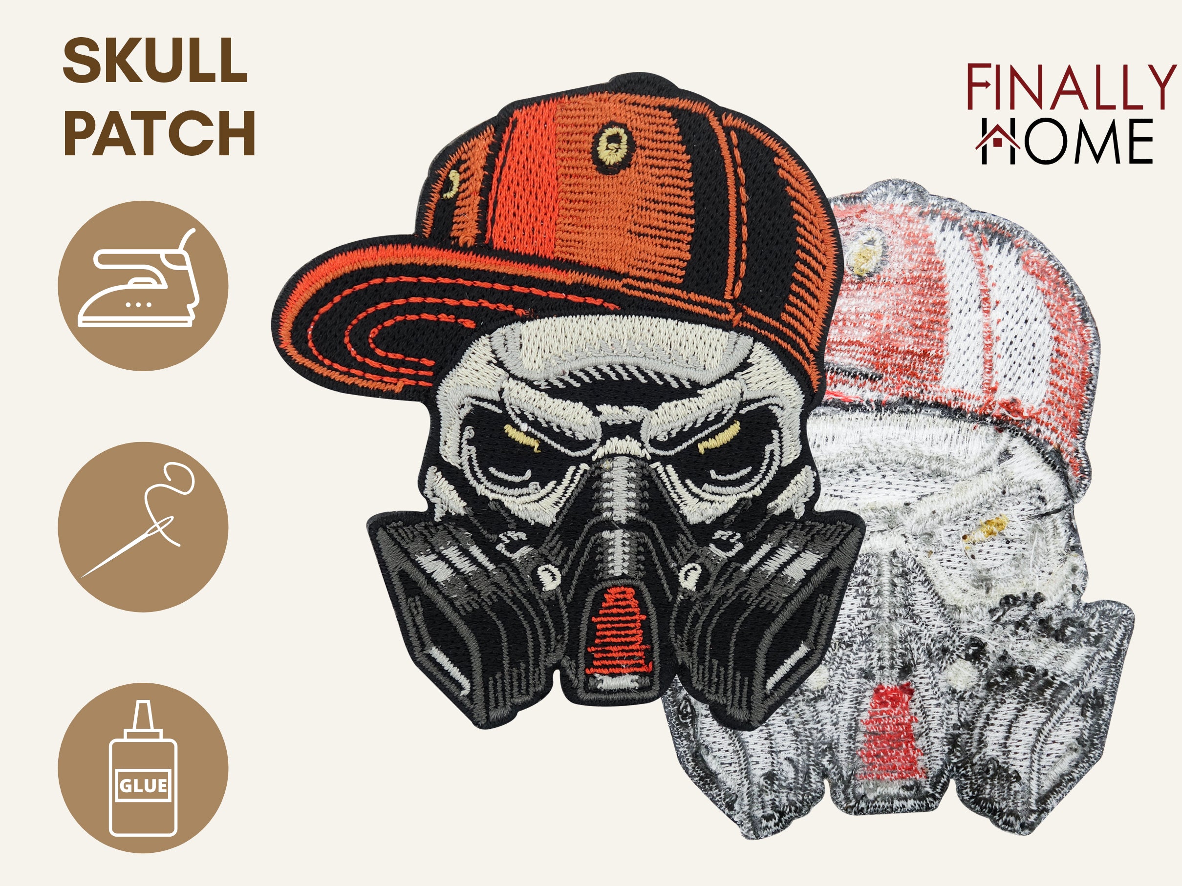 Vorder- und Rückseite des Patches, mit Bügelfolie. „Finally Home“ Logo und Nutzungsoptionen: Aufbügeln, Aufnähen, Aufkleben mit Textilkleber