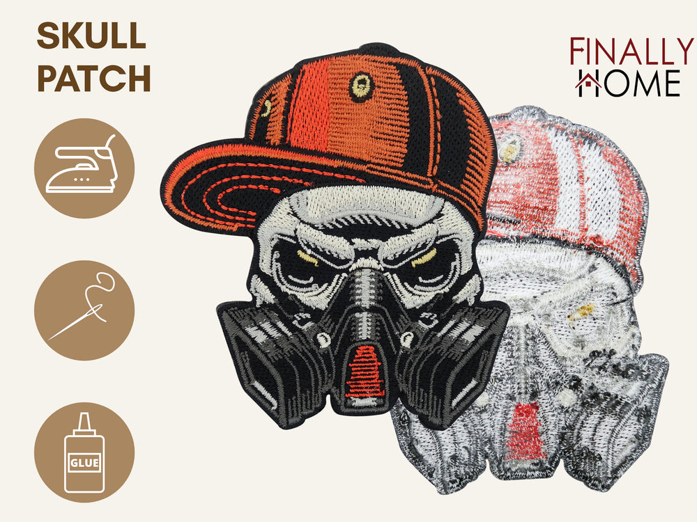 Vorder- und Rückseite des Patches, mit Bügelfolie. „Finally Home“ Logo und Nutzungsoptionen: Aufbügeln, Aufnähen, Aufkleben mit Textilkleber
