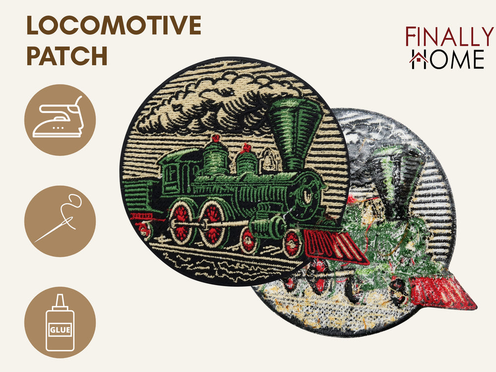 Eisenbahn Patch mit Bügelfolie, Logo „Finally Home“ und Anwendungsoptionen