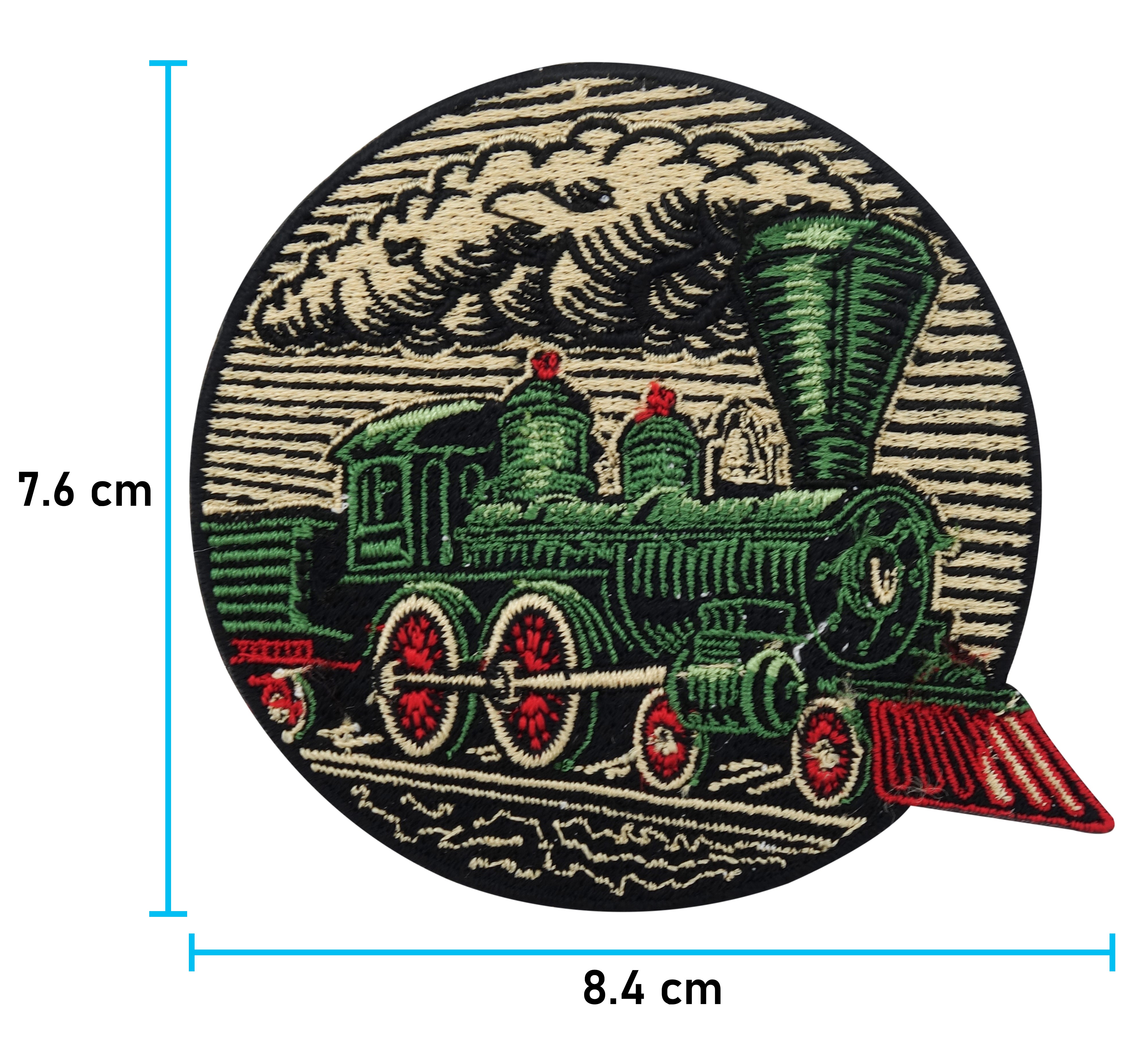 Grüner und beiger Eisenbahn Zug Patch mit der Maße: 7,6 x 8,4 cm