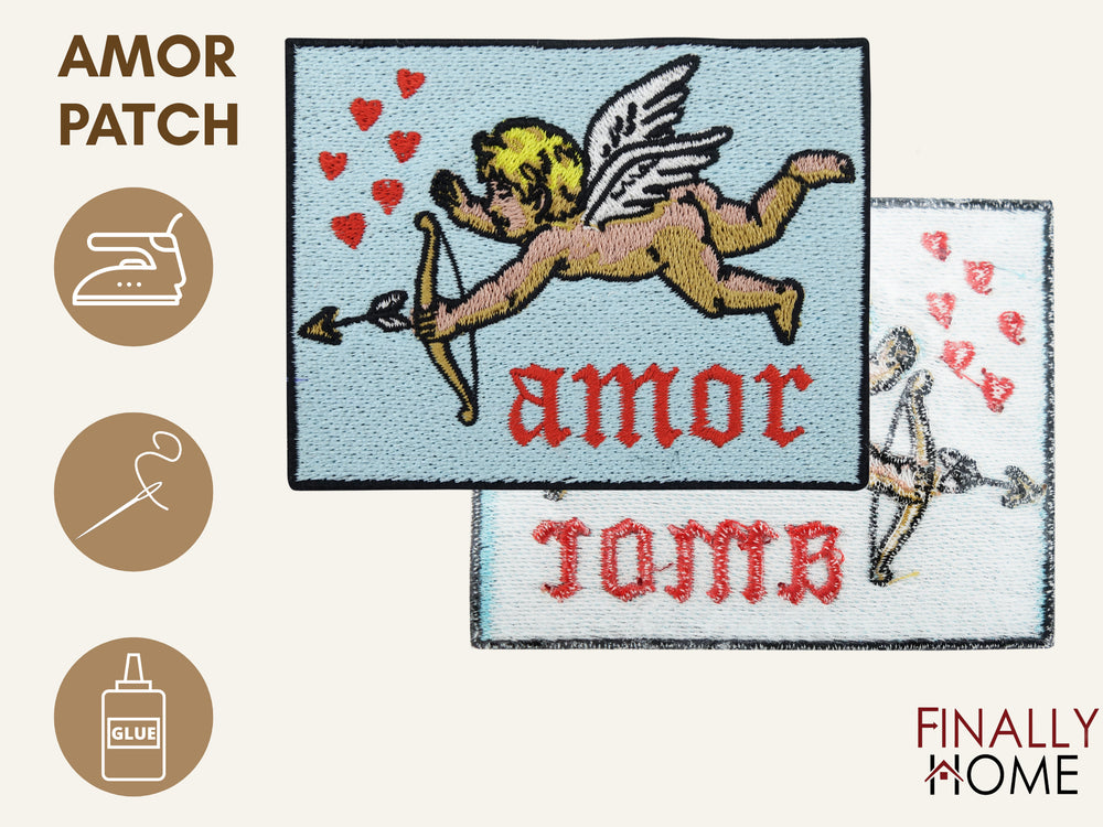Amor Patch von vorne und hinten mit Bügelfolie. Verwendungsmöglichkeiten: Aufbügeln, Aufnähen, Aufkleben.