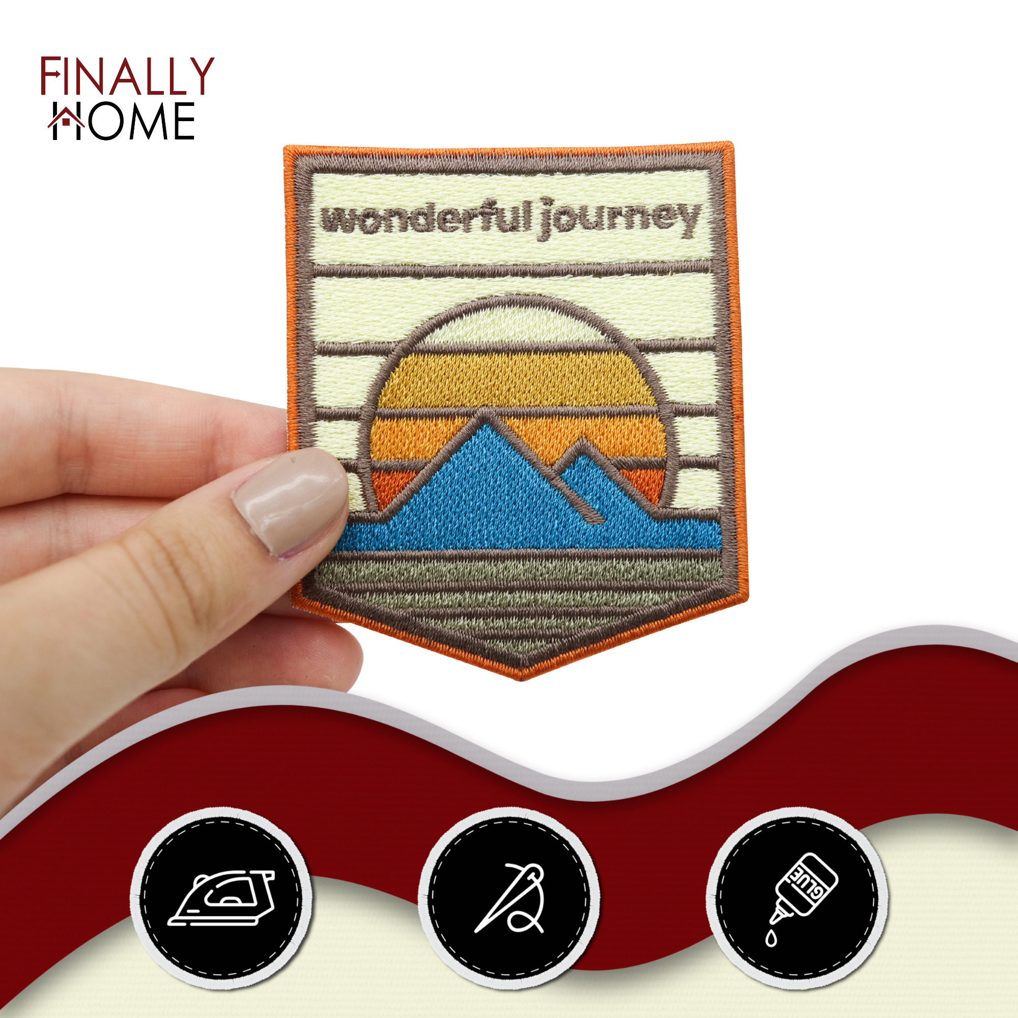 Adventure Collection: Wonderful Journey Patch zum Aufbügeln | Wandern Outdoor Patches, Sonne & Berge Bügelflicken, Flicken, Aufnäher Wanderer Rucksäcke, Finally Home