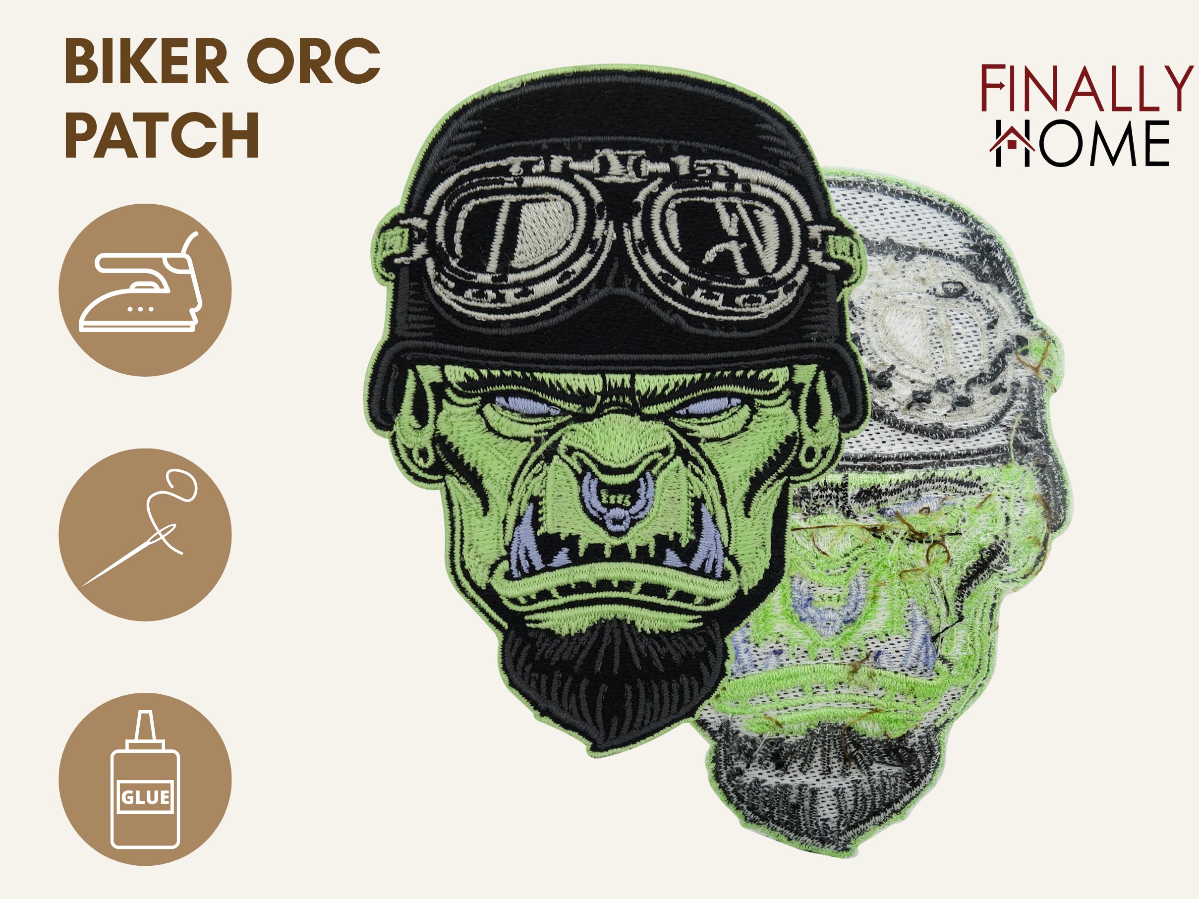  Ork Biker Patch von vorne und hinten mit Bügelfolie. Dargestellt sind auch "Finally Home" Logo und Verwendungsoptionen: Aufbügeln, Aufnähen, Aufkleben.
