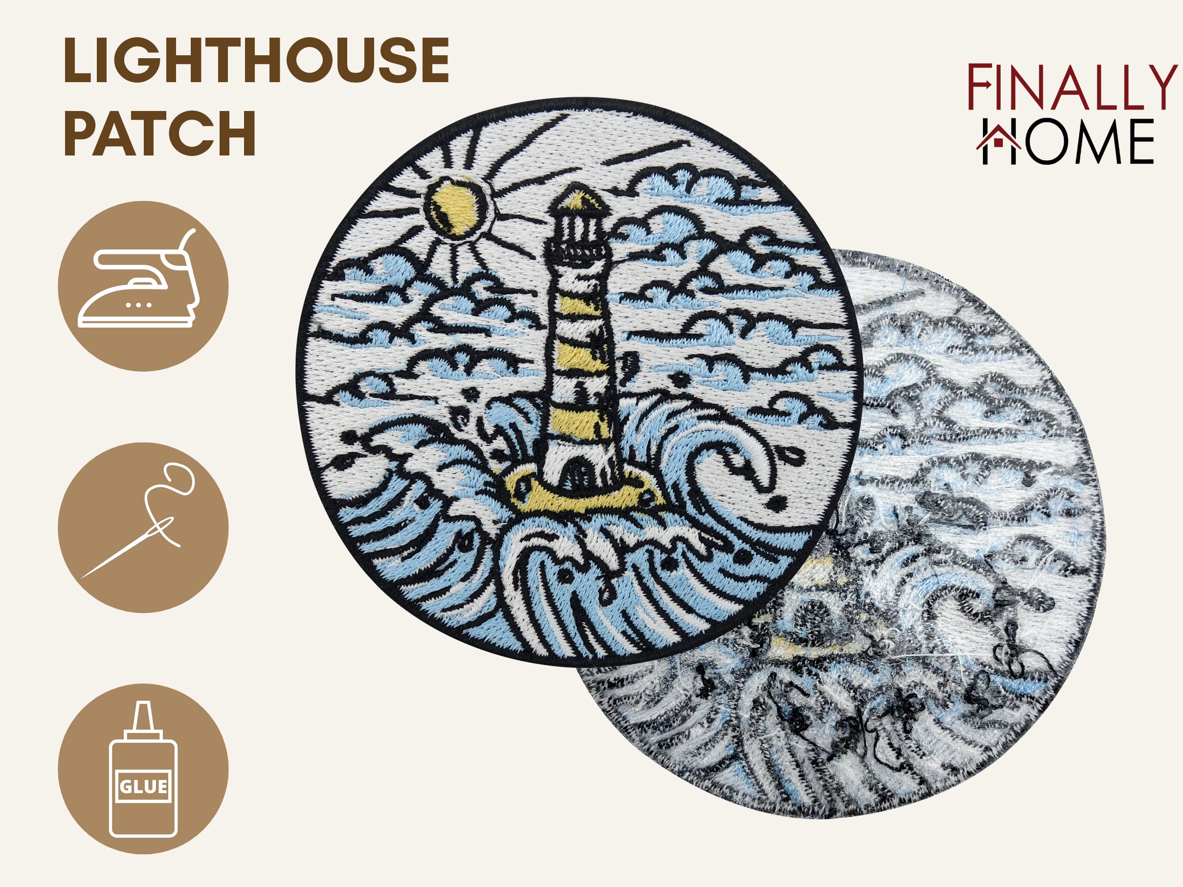 Vorder- und Rückansicht des Patches, Firmenlogo "Finally Home", Anwendungsicons für Aufbügeln, Aufnähen und Aufkleben mit Textilkleber