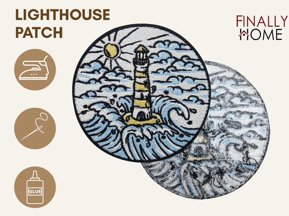 Vorder- und Rückansicht des Patches, Firmenlogo "Finally Home", Anwendungsicons für Aufbügeln, Aufnähen und Aufkleben mit Textilkleber