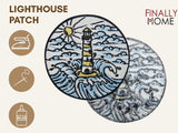 Vorder- und Rückansicht des Patches, Firmenlogo "Finally Home", Anwendungsicons für Aufbügeln, Aufnähen und Aufkleben mit Textilkleber