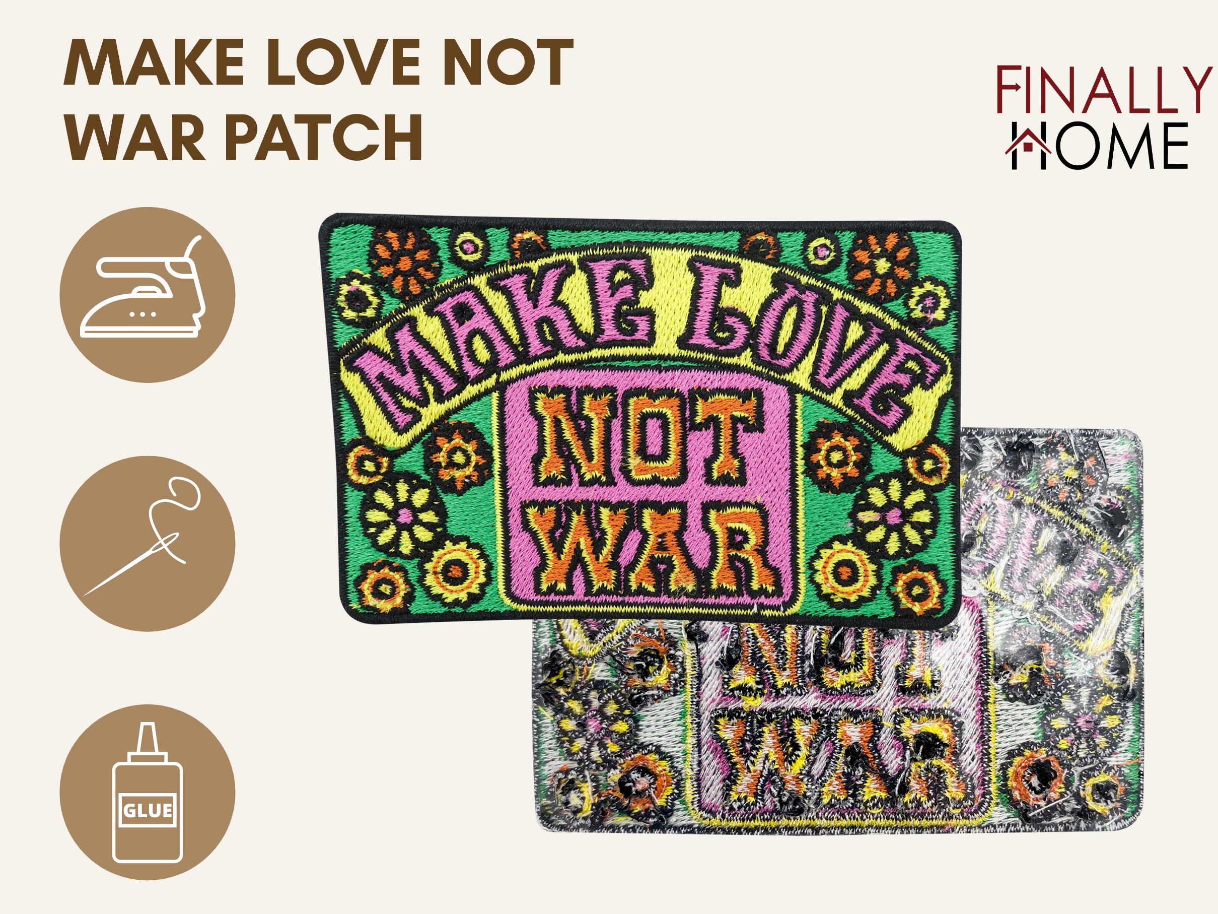 Vorder- und Rückseite des Patches, mit Bügelfolie. „Finally Home“ Logo und Nutzungsoptionen: Aufbügeln, Aufnähen, Aufkleben mit Textilkleber