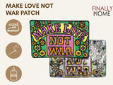 Vorder- und Rückseite des Patches, mit Bügelfolie. „Finally Home“ Logo und Nutzungsoptionen: Aufbügeln, Aufnähen, Aufkleben mit Textilkleber
