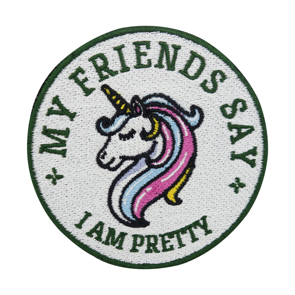 Runder Einhorn mit Spruch Patch in den Farben grün, pink, blau und gelb