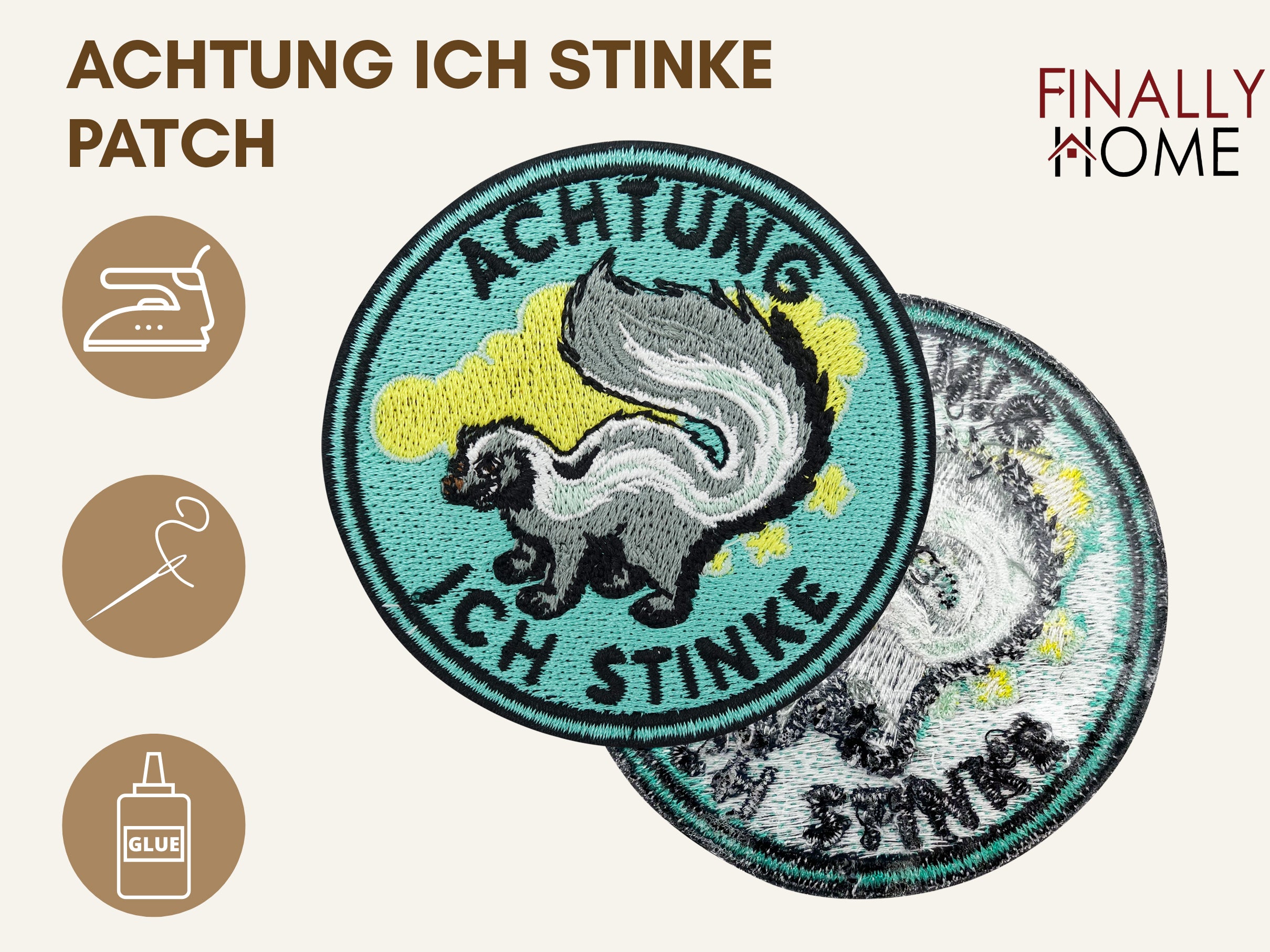 Vorder- und Rückansicht des Patches mit Bügelfolie. Icons zeigen Bügeleisen, Nadel & Faden sowie Textilkleber.