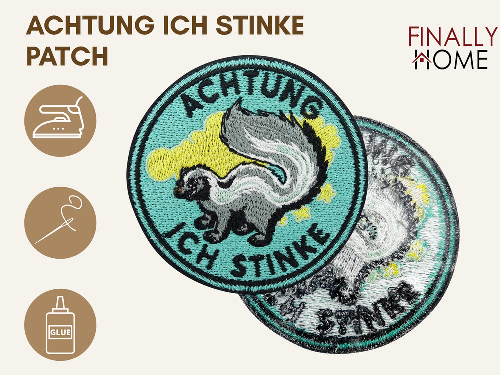 Vorder- und Rückansicht des Patches mit Bügelfolie. Icons zeigen Bügeleisen, Nadel & Faden sowie Textilkleber.