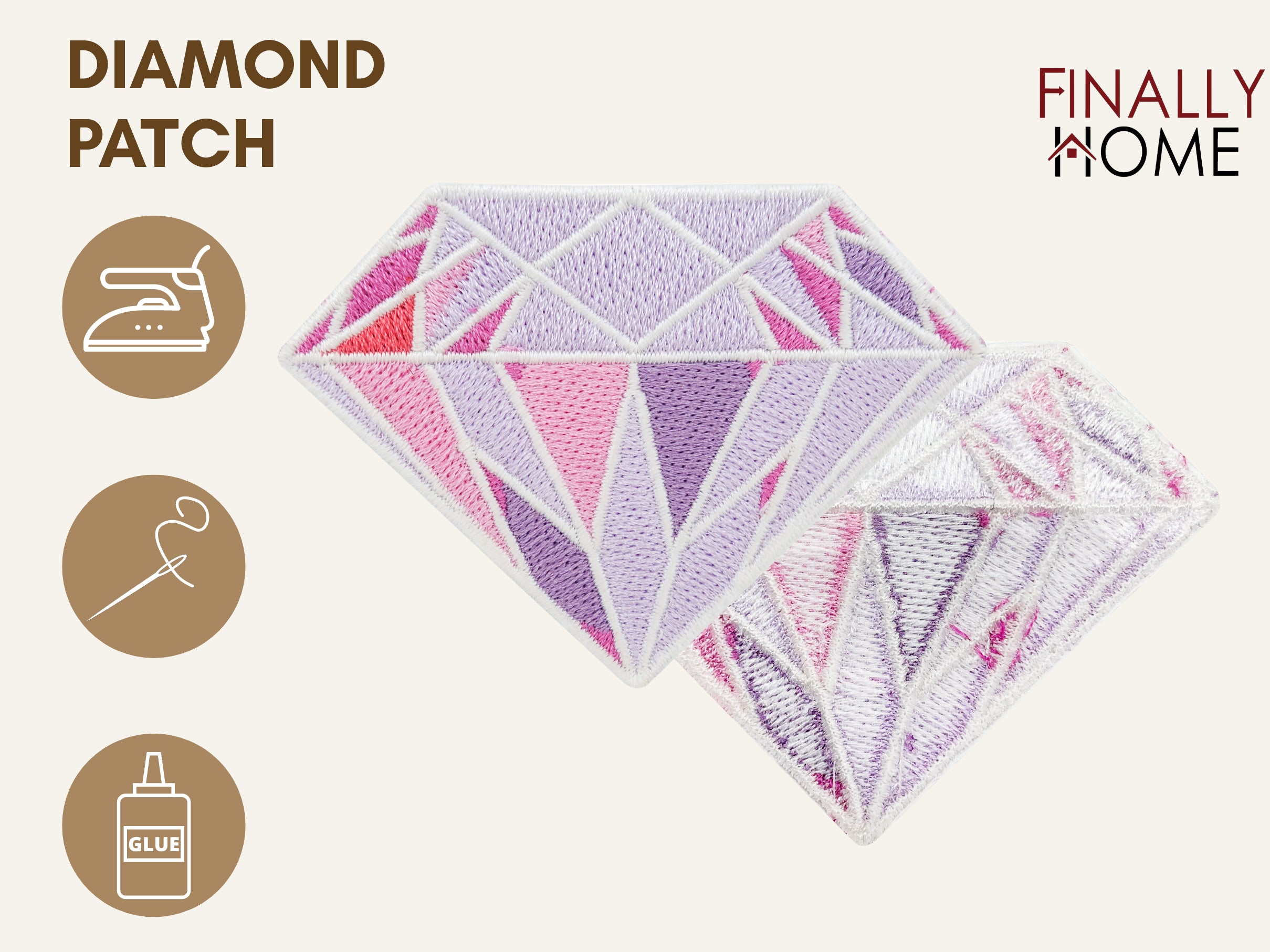 Rosa Diamant Patch mit Bügelfolie und „Finally Home“ Logo. Möglichkeiten: Aufbügeln, Aufnähen, Aufkleben mit Textilkleber.