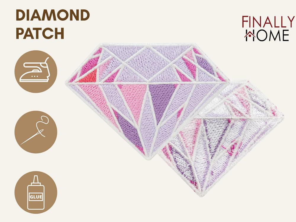 Rosa Diamant Patch mit Bügelfolie und „Finally Home“ Logo. Möglichkeiten: Aufbügeln, Aufnähen, Aufkleben mit Textilkleber.