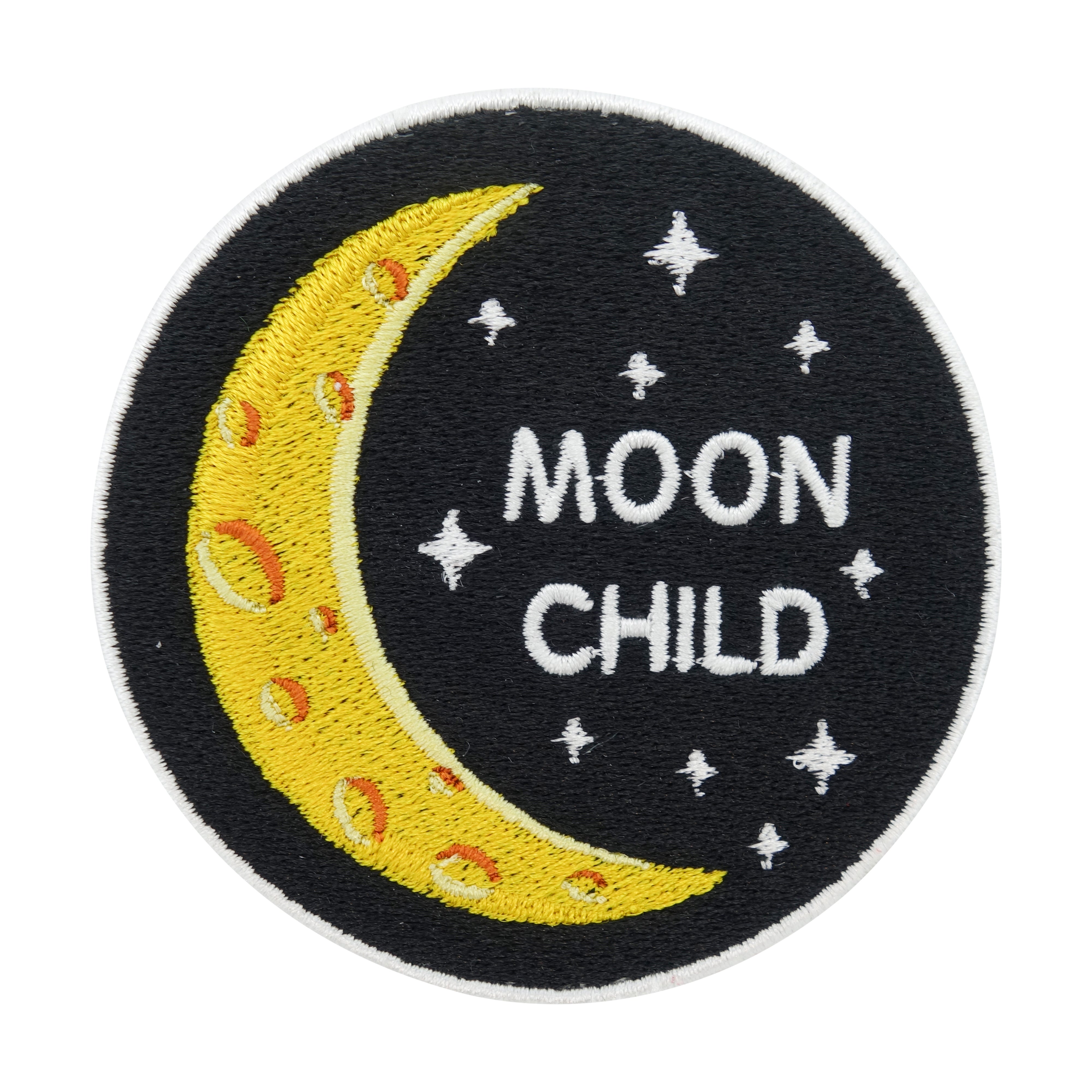 Gelb-schwarzer Moonchild mit Mond und Sternen Bügelpatch 