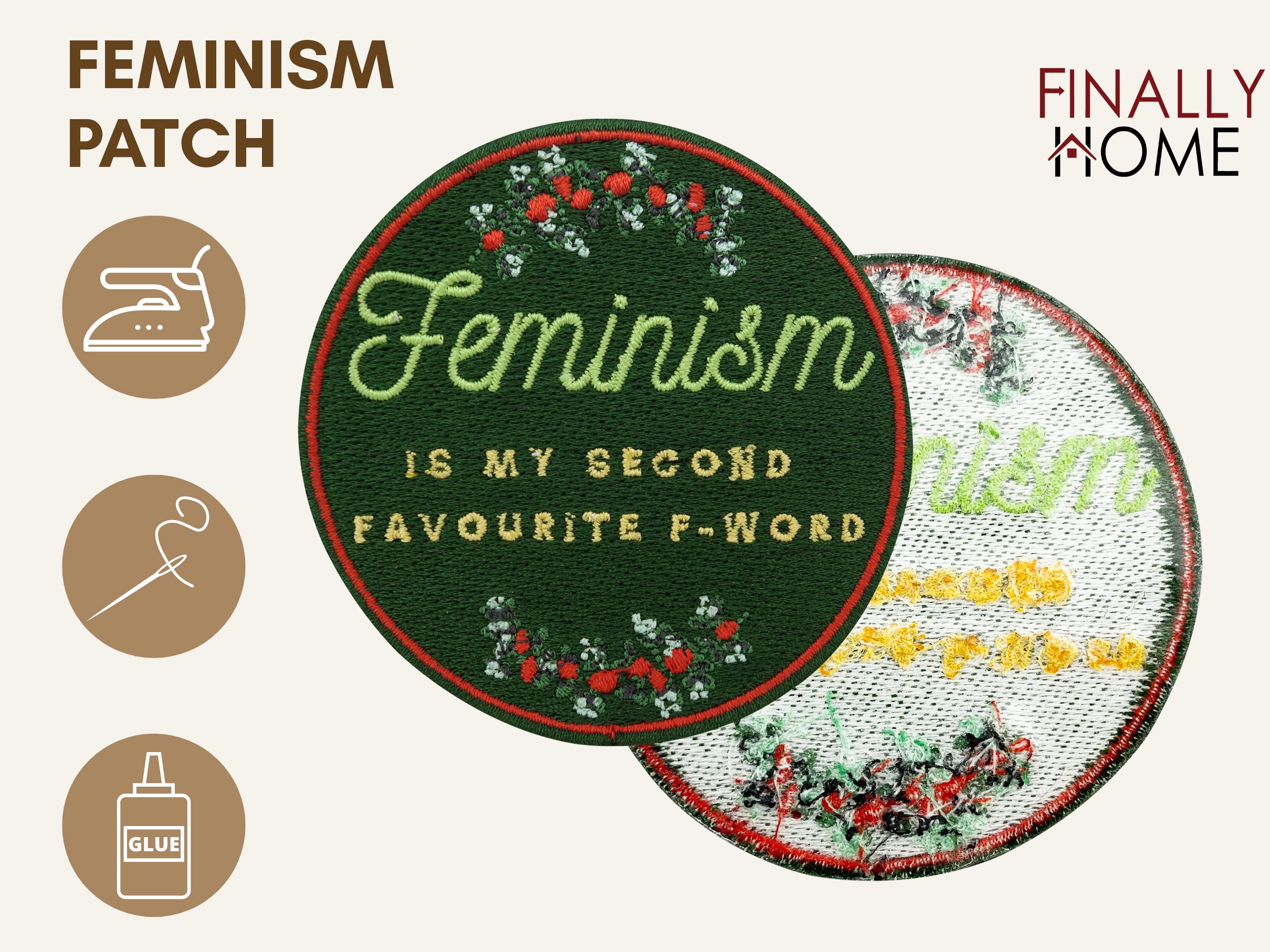 Vorder- und Rückseite des Patches, mit Bügelfolie. „Finally Home“ Logo und Nutzungsoptionen: Aufbügeln, Aufnähen, Aufkleben mit Textilkleber