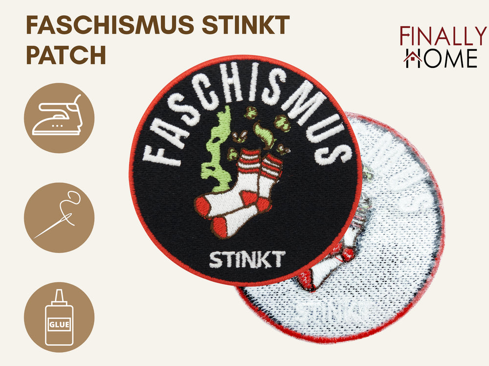 Vorder- und Rückseite des Patches, mit Bügelfolie. „Finally Home“ Logo und Nutzungsoptionen: Aufbügeln, Aufnähen, Aufkleben mit Textilkleber