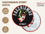 Vorder- und Rückseite des Patches, mit Bügelfolie. „Finally Home“ Logo und Nutzungsoptionen: Aufbügeln, Aufnähen, Aufkleben mit Textilkleber