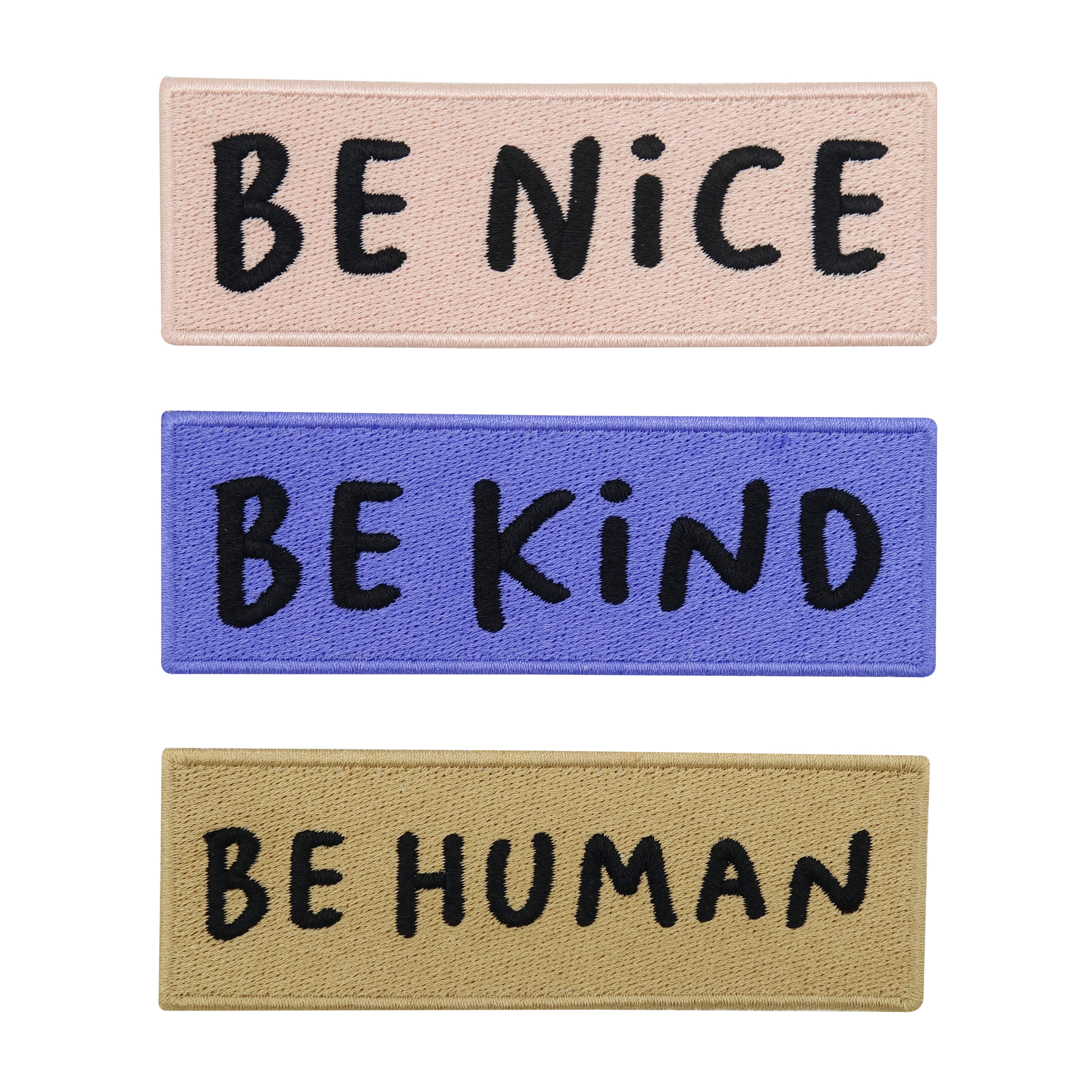 Rosa, Violetter und Ockerfarbener 3er Set Patch mit den Inschriften: Be Nice, Be Kind, Be Human