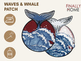 Vorder- und Rückseite des Patches, mit Bügelfolie. „Finally Home“ Logo und Nutzungsoptionen: Aufbügeln, Aufnähen, Aufkleben mit Textilkleber