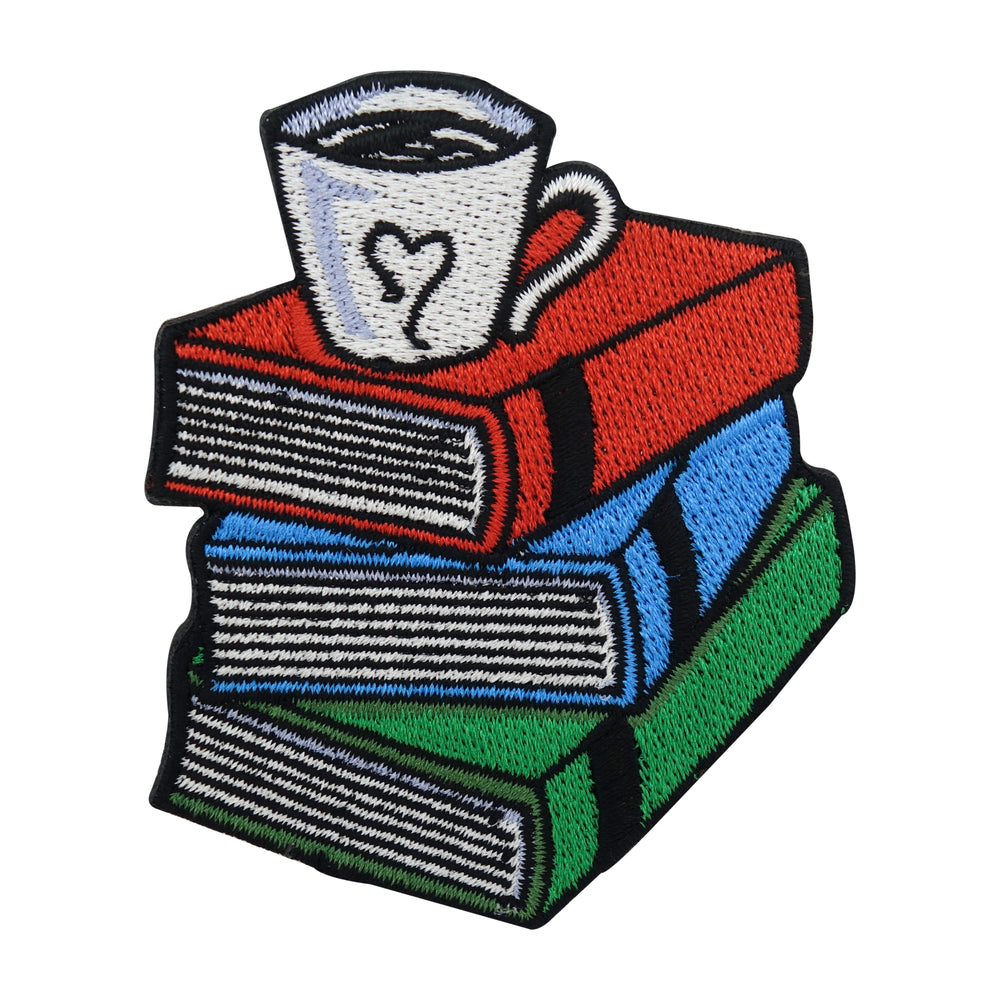 Rot-blau-grüner Stapel Bücher Patch mit Kaffeetasse
