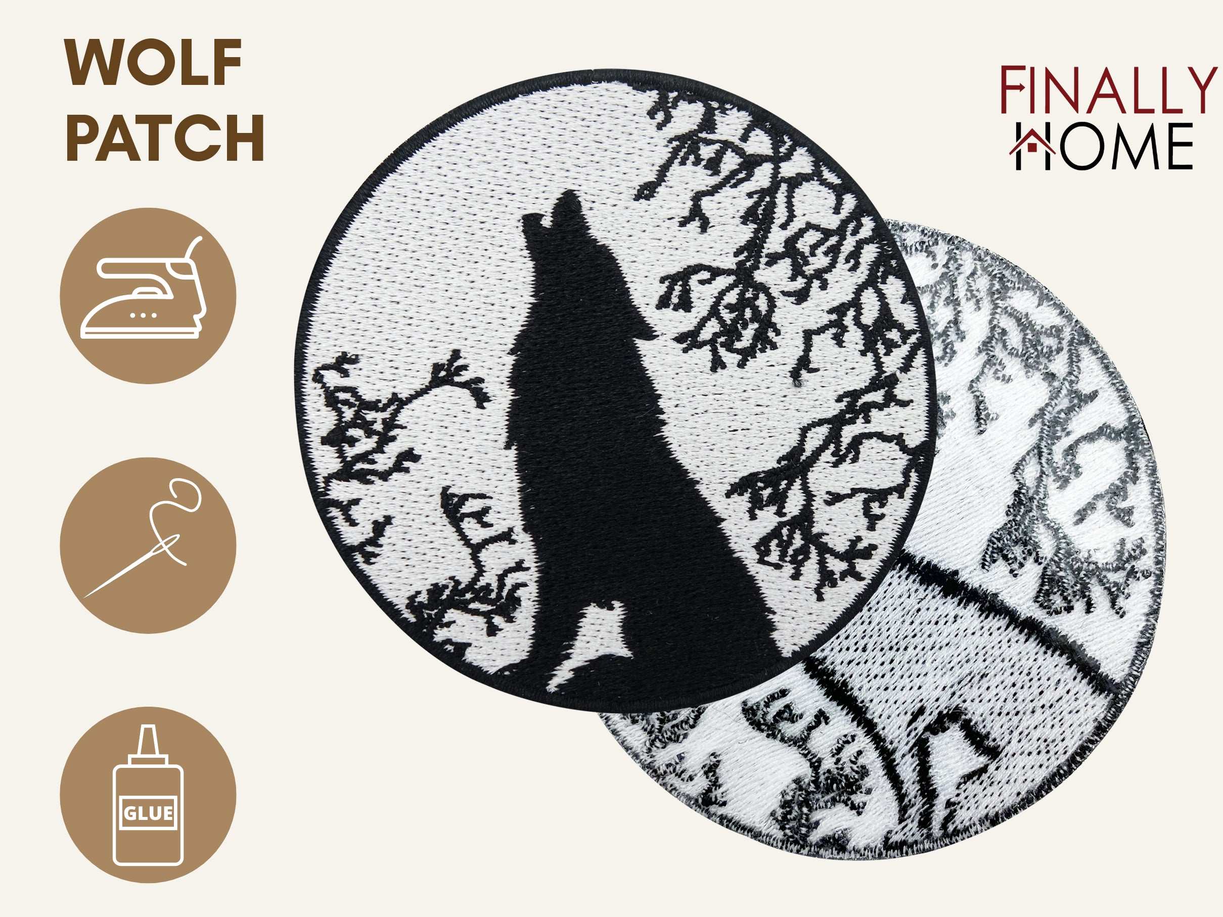 Vorder- und Rückseite des Patches, mit Bügelfolie. „Finally Home“ Logo und Nutzungsoptionen: Aufbügeln, Aufnähen, Aufkleben mit Textilkleber