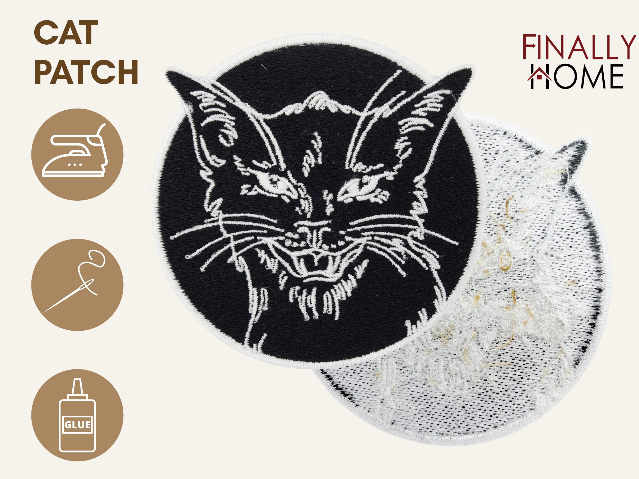 Vorder- und Rückseite des Patches, mit Bügelfolie. „Finally Home“ Logo und Nutzungsoptionen: Aufbügeln, Aufnähen, Aufkleben mit Textilkleber