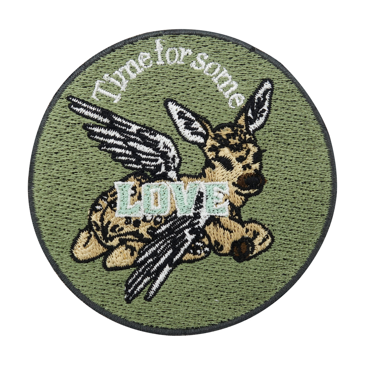 Oliv farbener Rehkitz mit Engelsflügeln Patch und dem Spruch Time for some Love