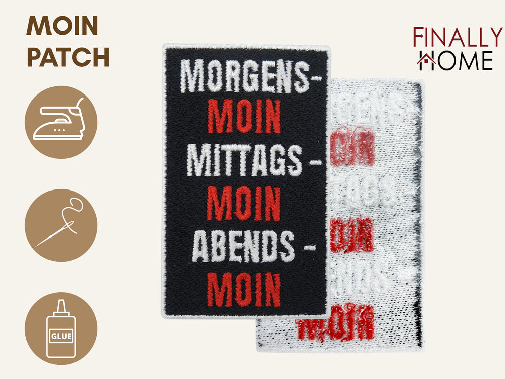 Vorder- und Rückseite des Patches, mit Bügelfolie. „Finally Home“ Logo und Nutzungsoptionen: Aufbügeln, Aufnähen, Aufkleben mit Textilkleber