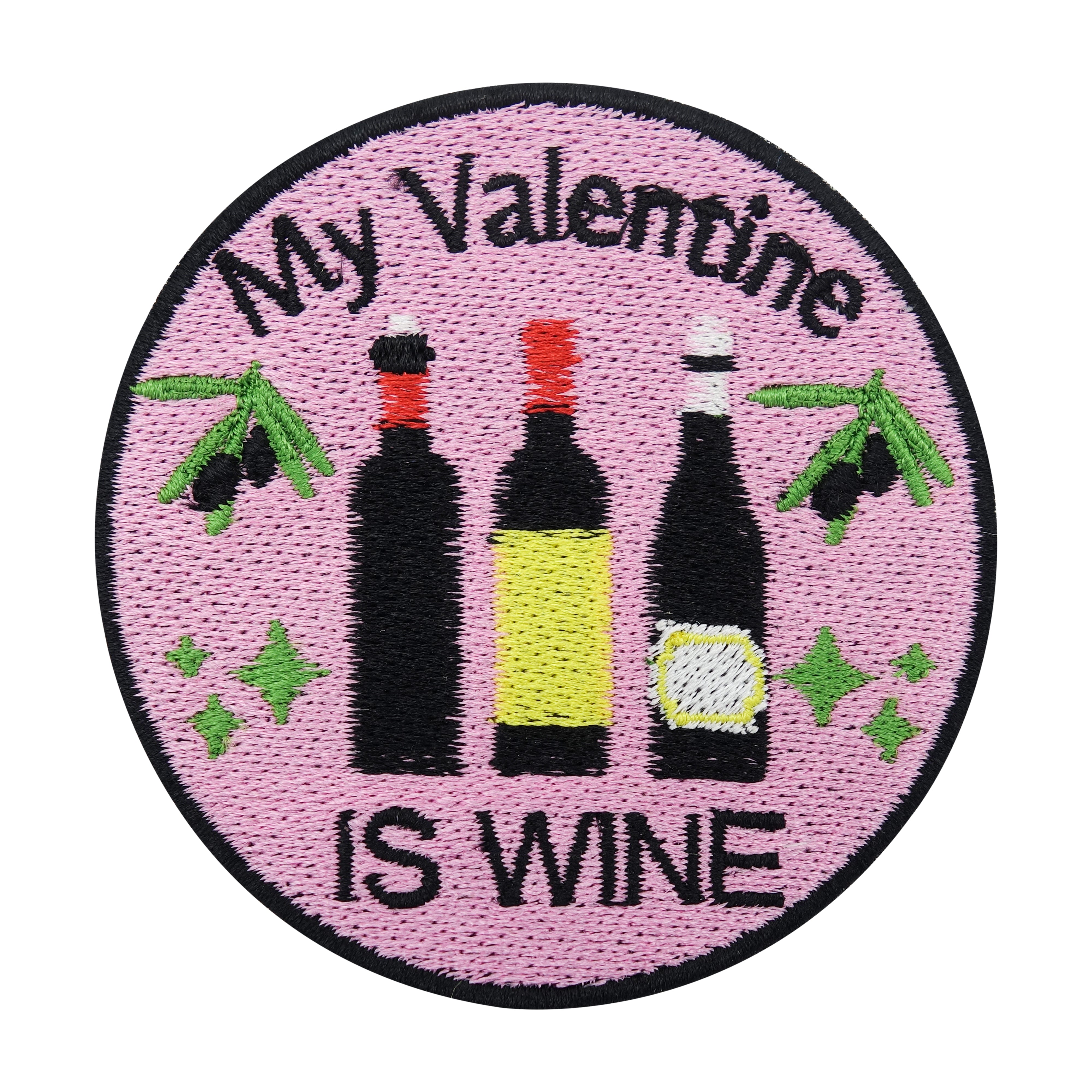 Pinker My Valentine is Wine mit drei Weinflaschen Patch 