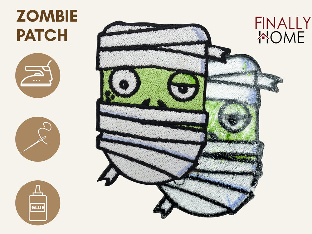 Vorder- und Rückseite des Patches, mit Bügelfolie. „Finally Home“ Logo und Nutzungsoptionen: Aufbügeln, Aufnähen, Aufkleben mit Textilkleber