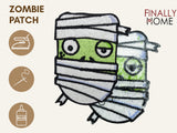 Vorder- und Rückseite des Patches, mit Bügelfolie. „Finally Home“ Logo und Nutzungsoptionen: Aufbügeln, Aufnähen, Aufkleben mit Textilkleber
