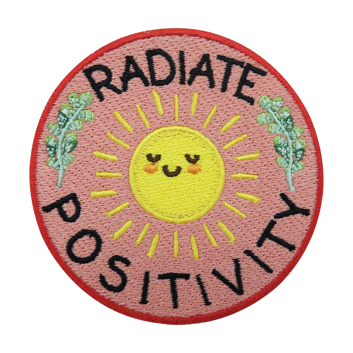 Pinker "Radiate Positivity" Patch mit einer gelben Sonne in der Mitte