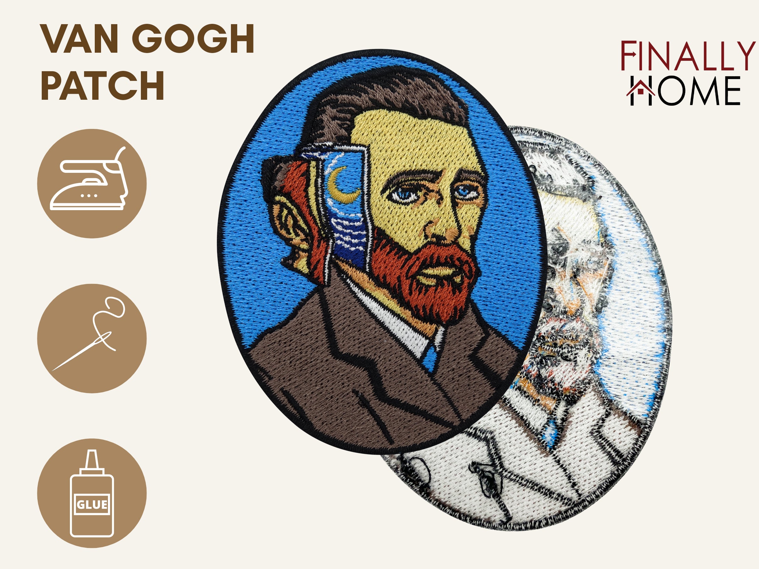 Vorder- und Rückseite des Patches, mit Bügelfolie. „Finally Home“ Logo und Nutzungsoptionen: Aufbügeln, Aufnähen, Aufkleben mit Textilkleber