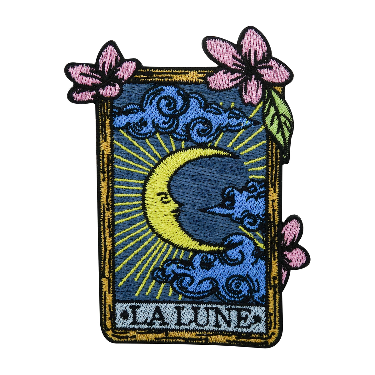 Blau, gelb, rosa Patch mit dem Motiv: Mond, Wolken und Blumen