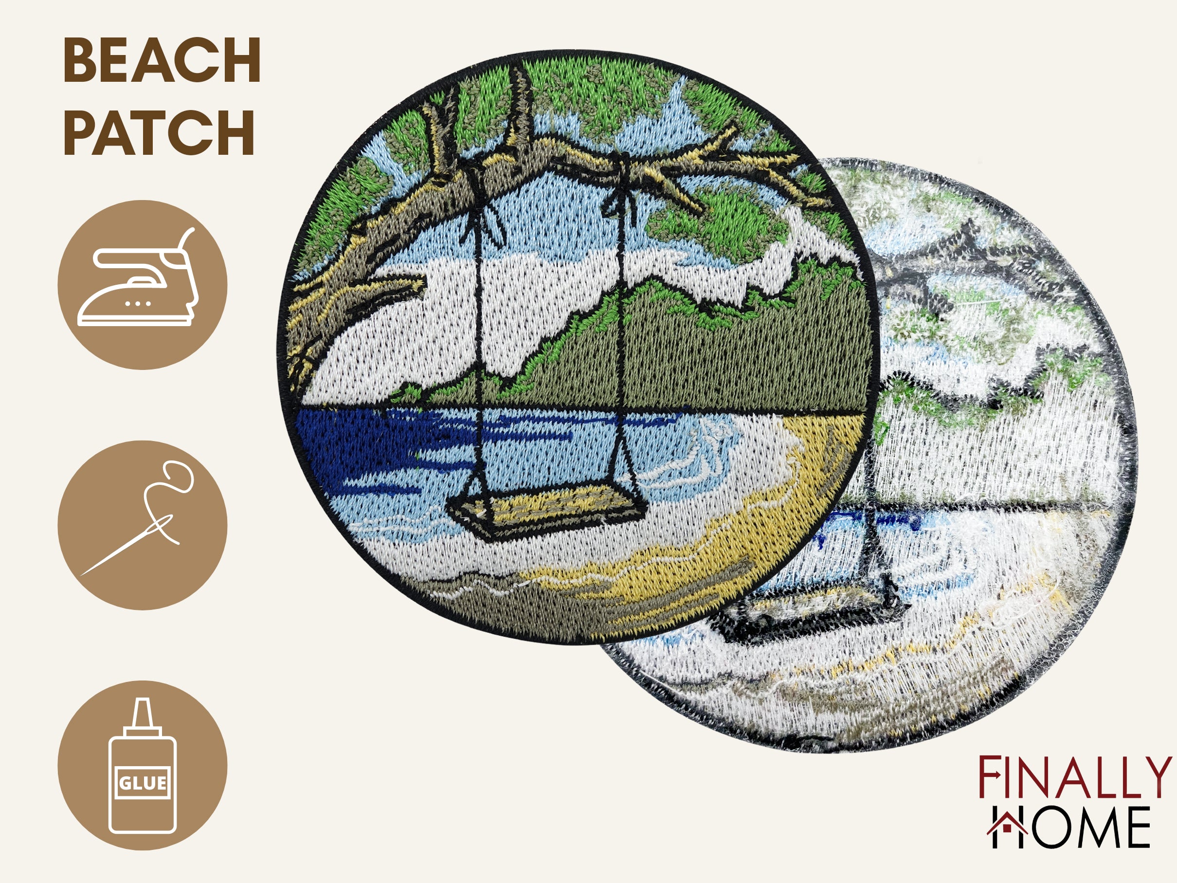 Vorder- und Rückseite des Patches, mit Bügelfolie. „Finally Home“ Logo und Nutzungsoptionen: Aufbügeln, Aufnähen, Aufkleben mit Textilkleber