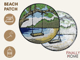 Vorder- und Rückseite des Patches, mit Bügelfolie. „Finally Home“ Logo und Nutzungsoptionen: Aufbügeln, Aufnähen, Aufkleben mit Textilkleber