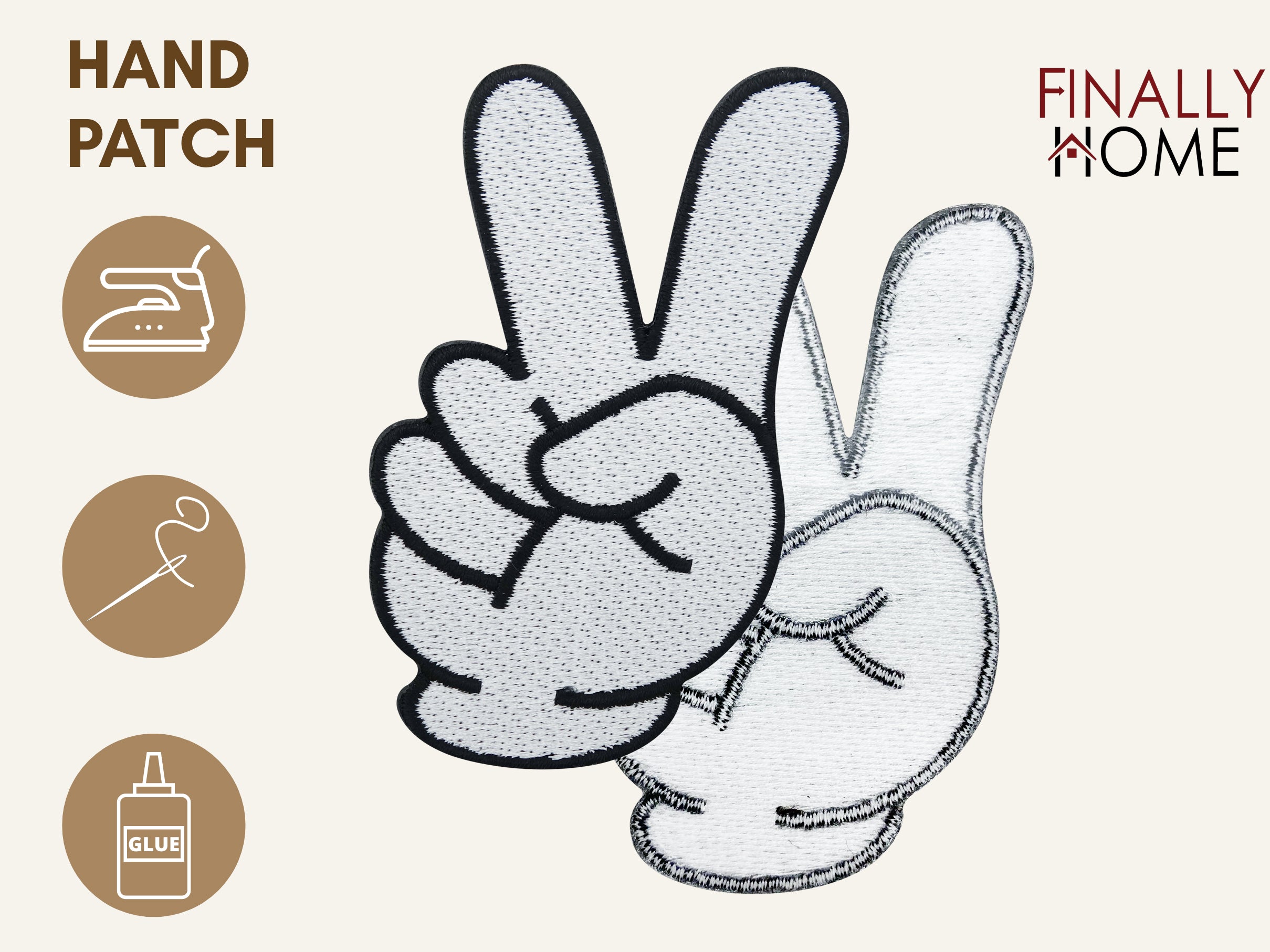 Vorder- und Rückseite des Patches, mit Bügelfolie. „Finally Home“ Logo und Nutzungsoptionen: Aufbügeln, Aufnähen, Aufkleben mit Textilkleber