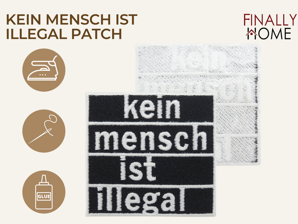 Vorder- und Rückseite des Patches, mit Bügelfolie. „Finally Home“ Logo und Nutzungsoptionen: Aufbügeln, Aufnähen, Aufkleben mit Textilkleber