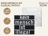 Vorder- und Rückseite des Patches, mit Bügelfolie. „Finally Home“ Logo und Nutzungsoptionen: Aufbügeln, Aufnähen, Aufkleben mit Textilkleber
