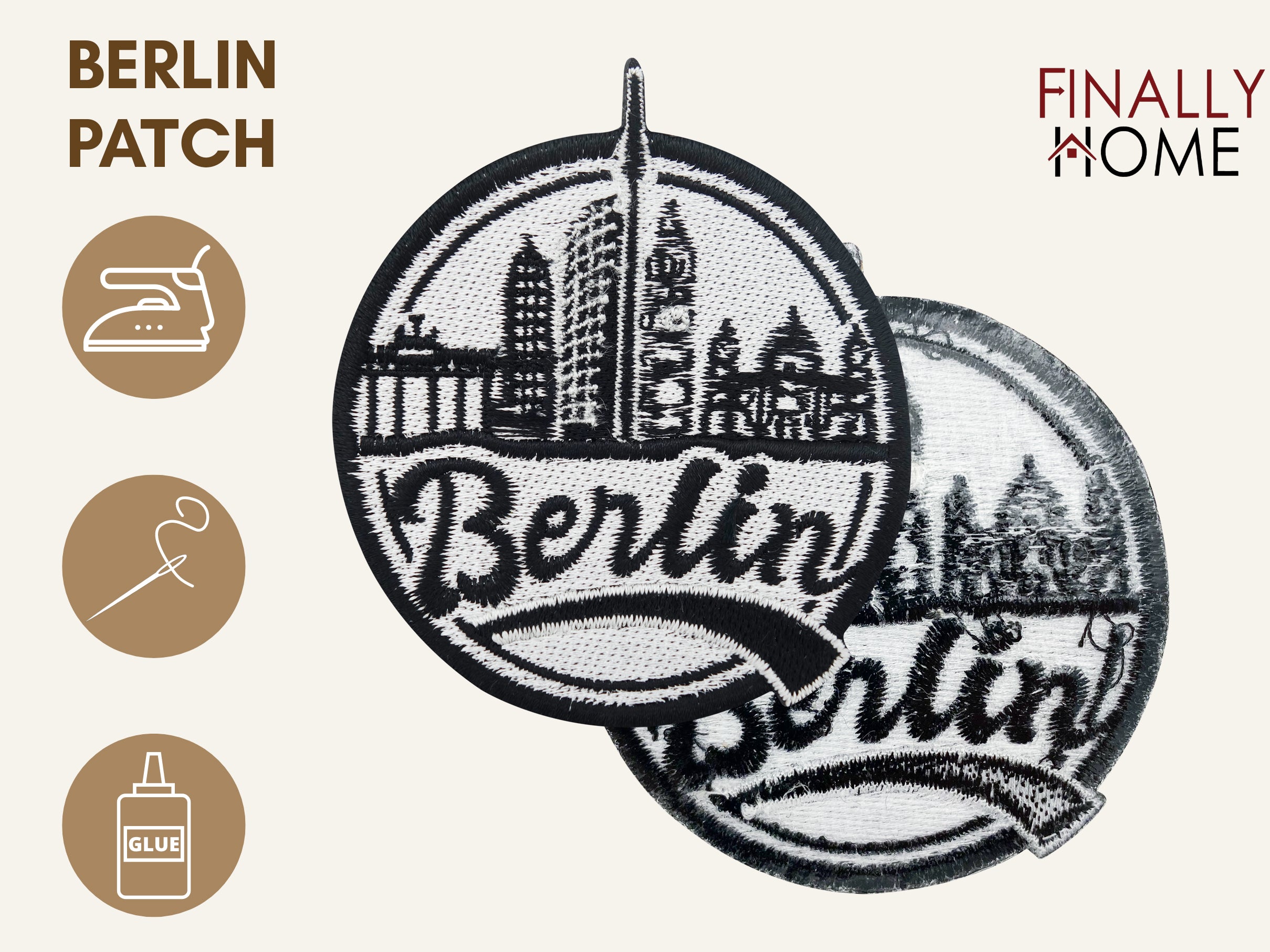 Vorder- und Rückseite des Patches, mit Bügelfolie. „Finally Home“ Logo und Nutzungsoptionen: Aufbügeln, Aufnähen, Aufkleben mit Textilkleber