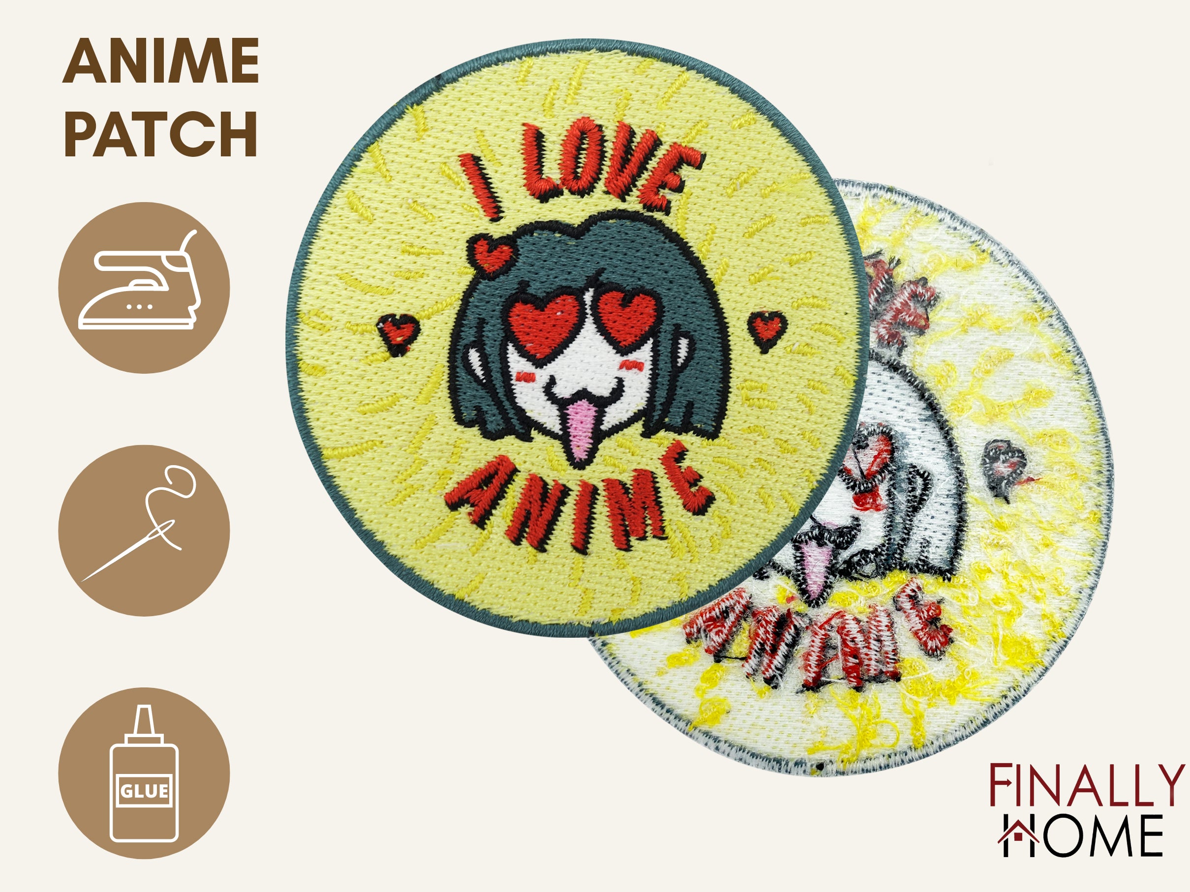 Vorder- und Rückseite des Patches, mit Bügelfolie. „Finally Home“ Logo und Nutzungsoptionen: Aufbügeln, Aufnähen, Aufkleben mit Textilkleber