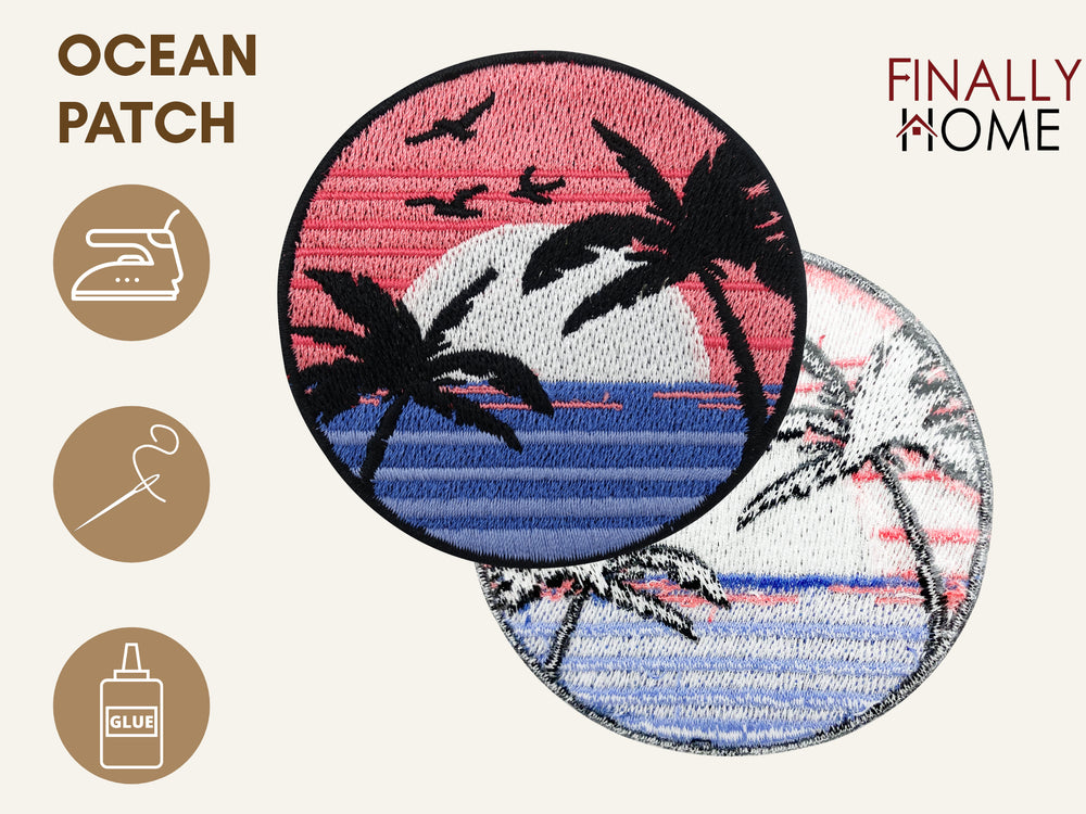 Vorder- und Rückseite des Patches, mit Bügelfolie. „Finally Home“ Logo und Nutzungsoptionen: Aufbügeln, Aufnähen, Aufkleben mit Textilkleber