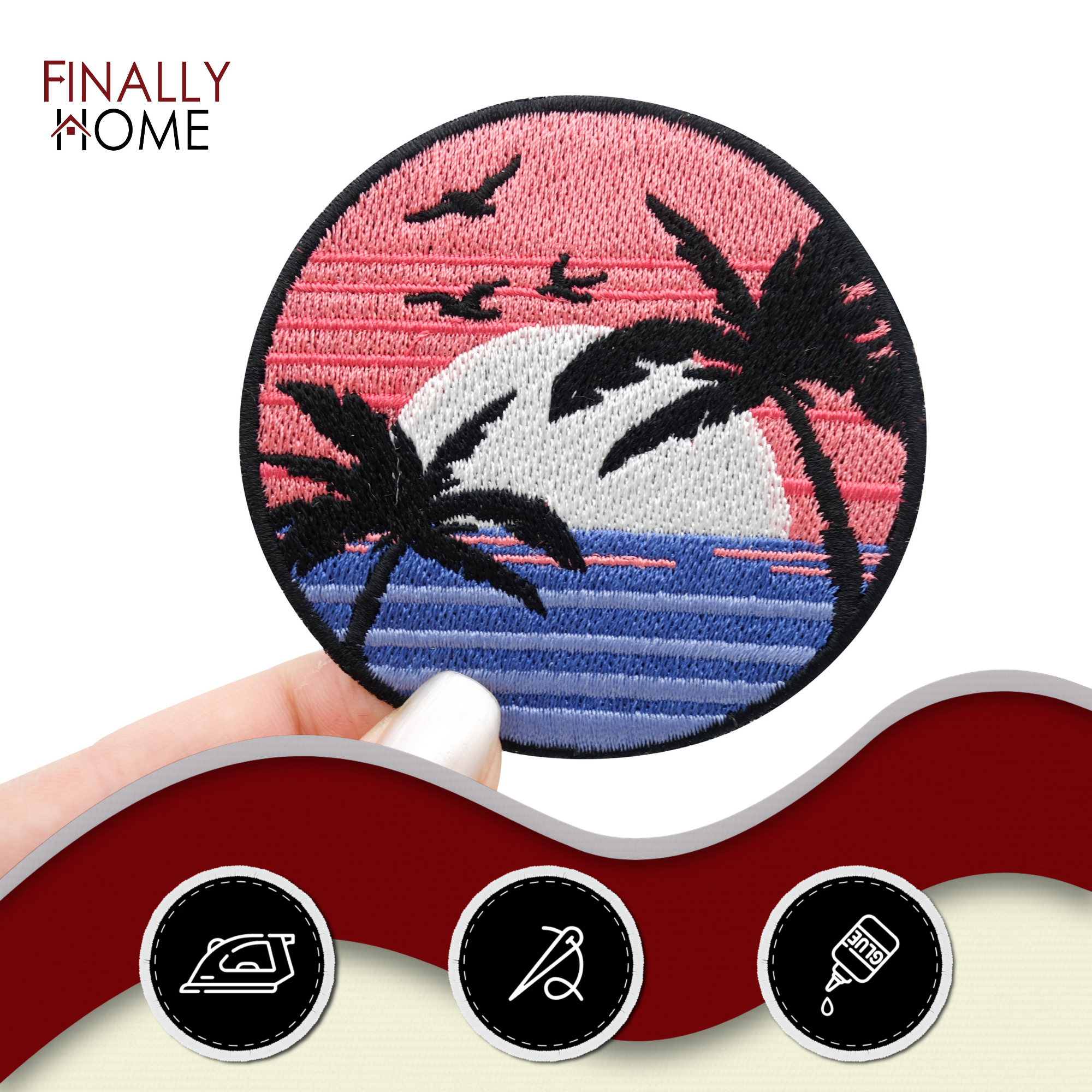 Sonnenuntergang am Meer | Strand Klett Patches, Sonne Aufnäher, Palmen Klettpatches, Badge Rund, Wasser Klettpatch, Finally Home