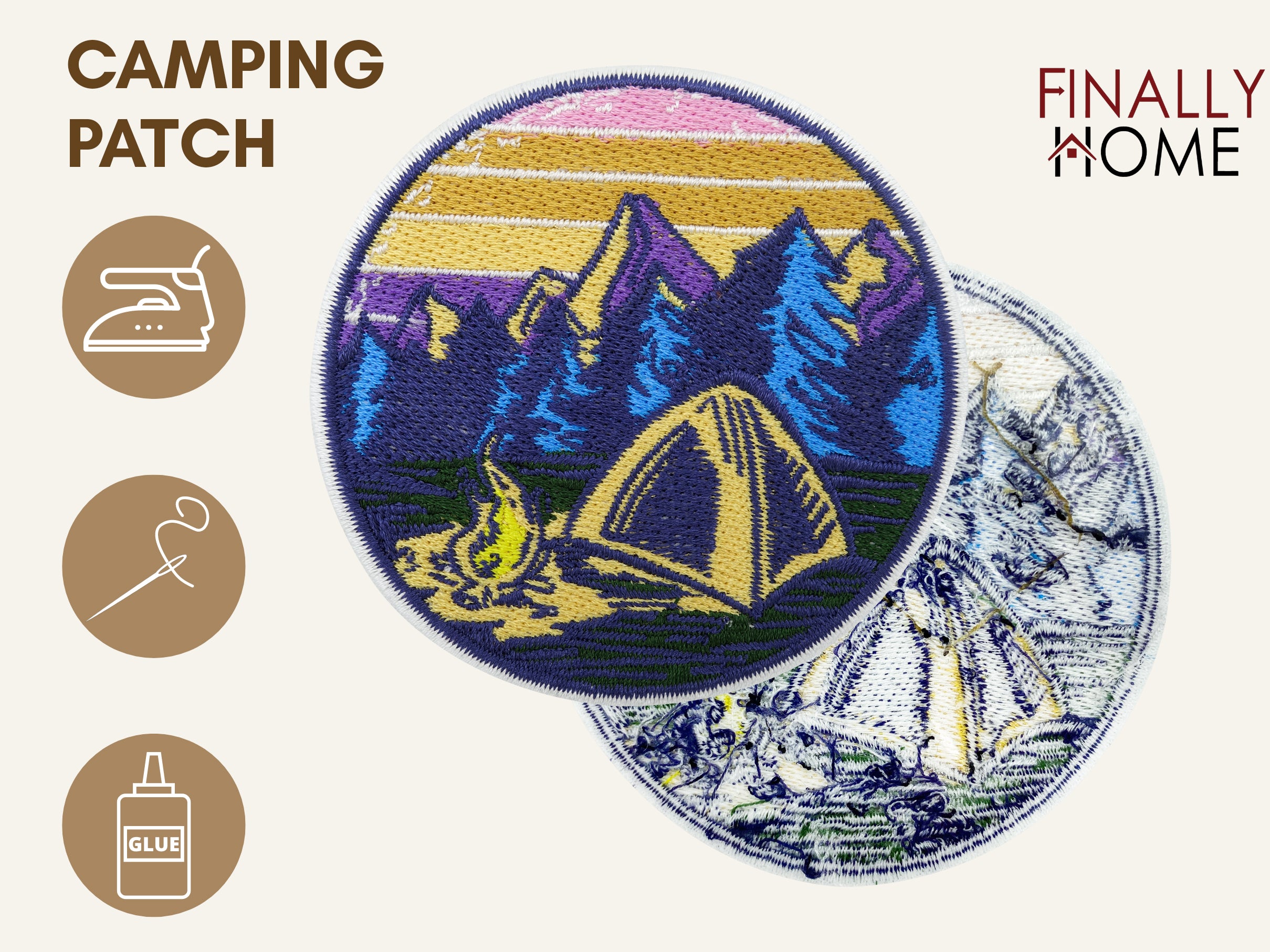 Vorder- und Rückseite des Patches, mit Bügelfolie. „Finally Home“ Logo und Nutzungsoptionen: Aufbügeln, Aufnähen, Aufkleben mit Textilkleber